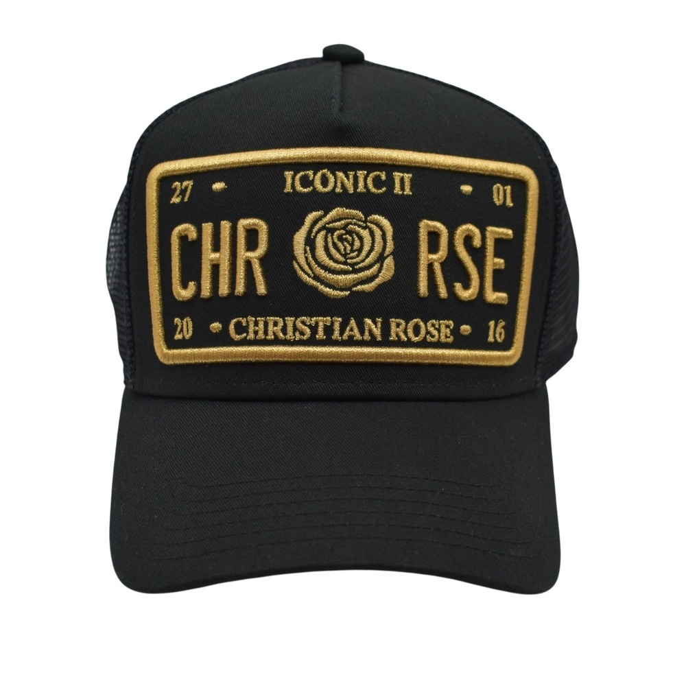 Christian Rose Iconic II License Plate Patch Trucker Snapback Mesh Hat Gold NWT